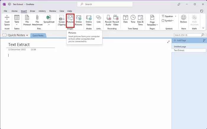 Screenshot of OneNote with the Insert Picture button highlighted