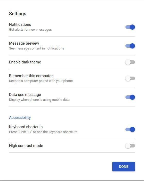 Messages for Web settings menu