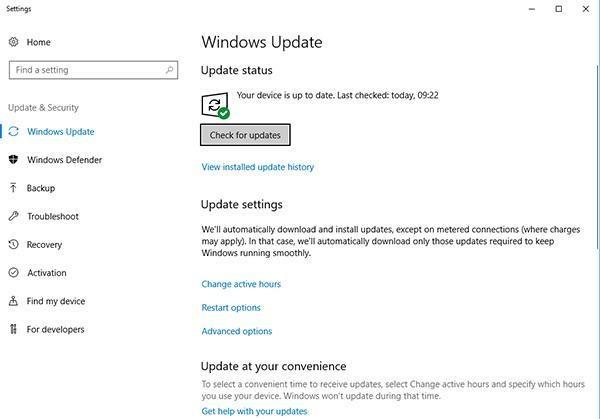 Windows update panel