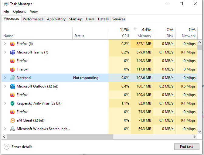 Task Manager screen