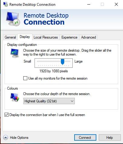 Remote Desktop screen size options