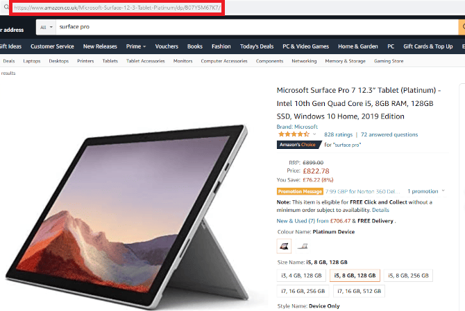 A Surface Pro on Amazon with the URL highlighted