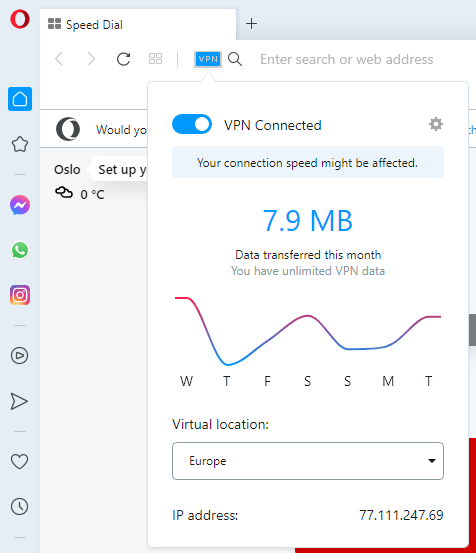 Screenshot showing Opera's VPN panel open