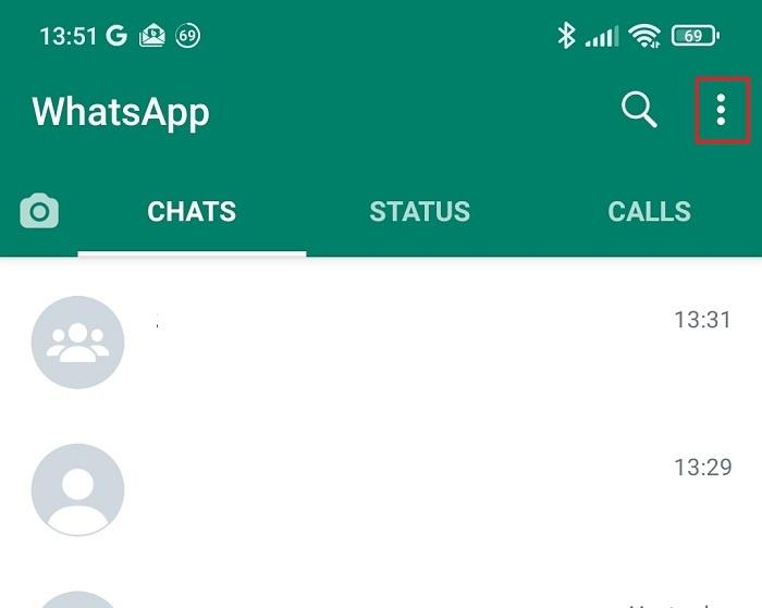 Main WhatsApp screen with menu button highlighted