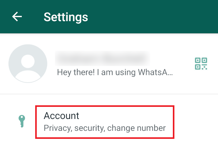 Whatsapp screen showing Account option highlighted