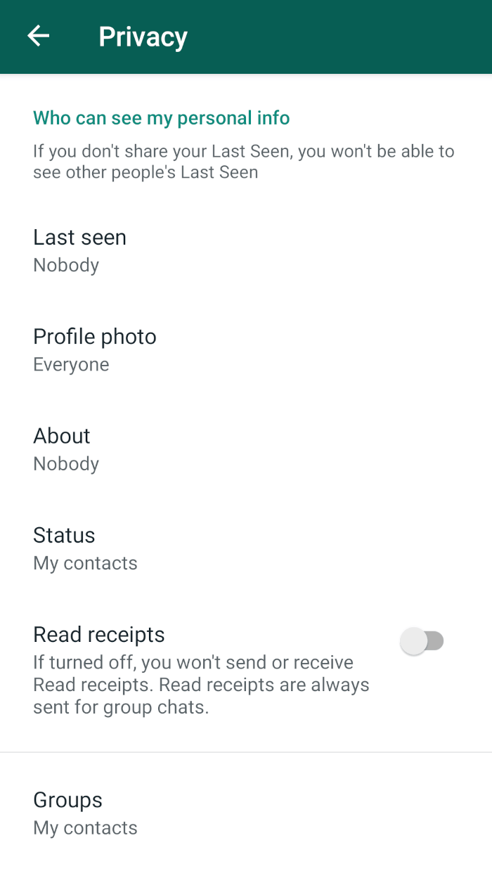 Whatsapp screen showing the Privacy options