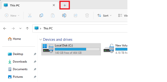 Screenshot of the File Explorer with the New Tab icon highlighed