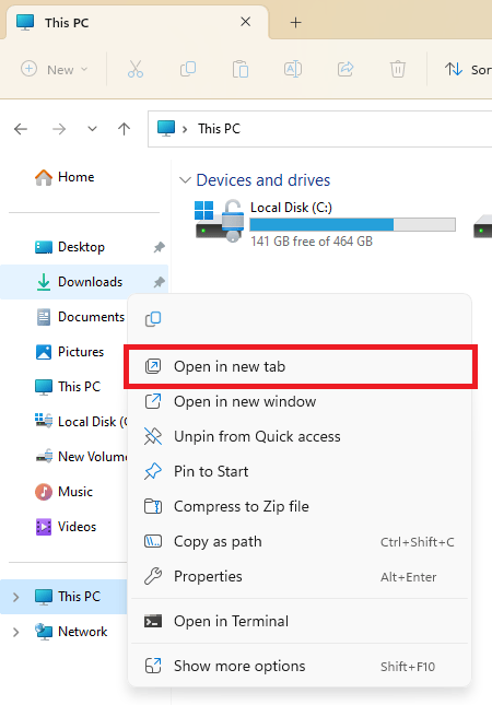 Screenshot of the right click menu on a folder showing the "Open New Tab" option highlighted