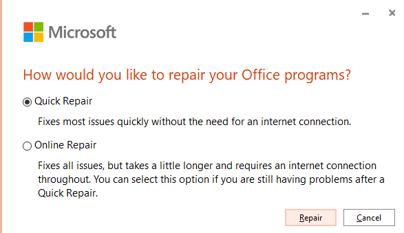 Screenshot of the "How would you like to repair your Office programs" panel with "Quick Repair" selected
