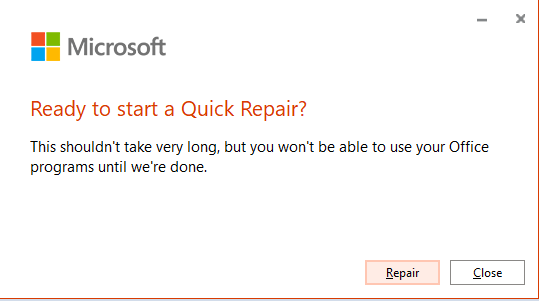 Screenshot of "Ready to start quick repair" panel