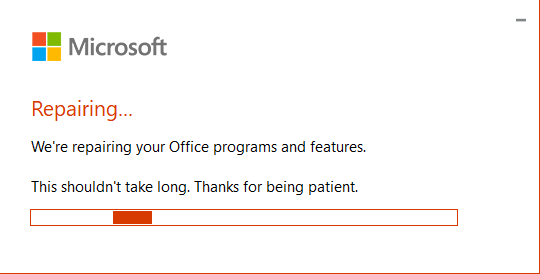 Screenshot of Office Repair in progress