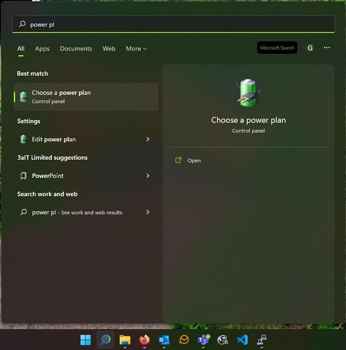 Windows start menu with "Power plan" entered into the search