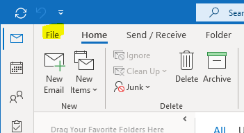 Screenshot showing File tab highlighted in Microsoft Outlook