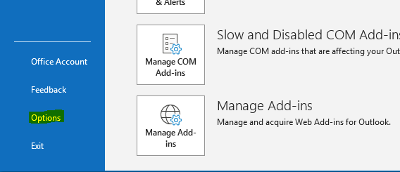 Screenshot showing the "Options" menu item highlighted in Microsoft Outlook