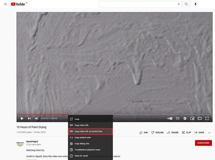 A screenshot showing the right click menu on the Youtube open and the "Copy Video URL at current time" selected