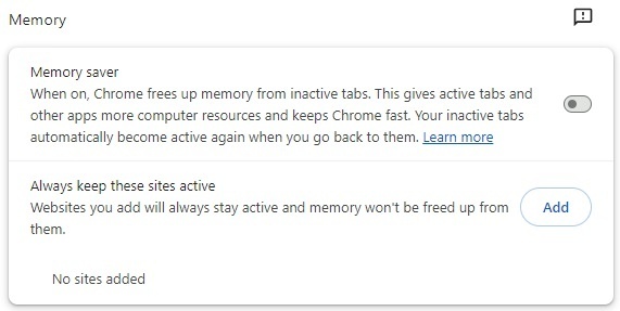 A screenshot showing the new performance settings page in Chrome