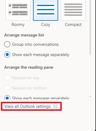 Screenshot showing the Outlook settings panel with "View all Outlook settings" highlighted