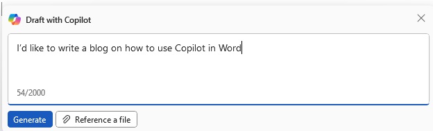 A screenshot of the "Draft with Copilot" panel with "I'd like to write a blog on how to use Copilot in Word" entered