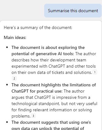 A screenshot of the general Copilot panel in Word with the response to "Summarise this document" in view