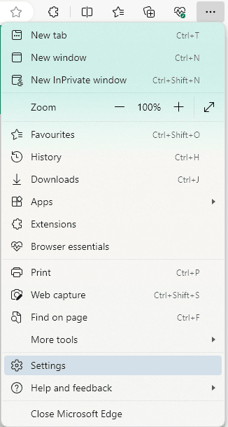 The Microsoft Edge settings menu