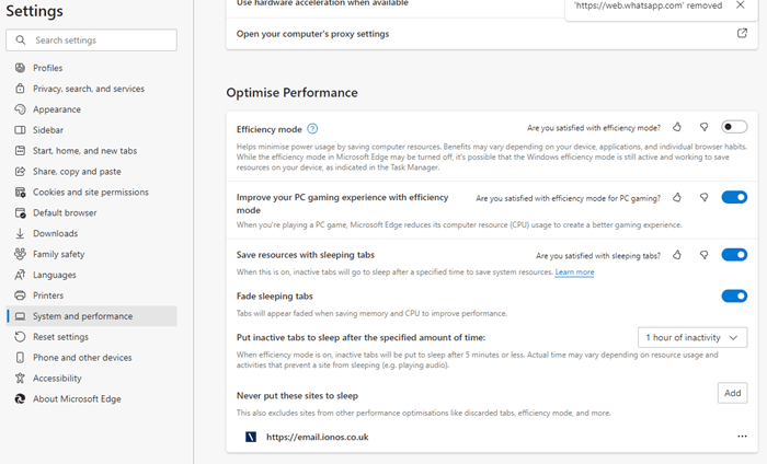 A screenshot showing the Edge System and Performance menu options