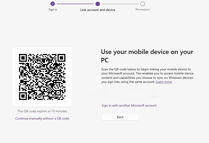 A screenshot showing the QR code to scan on your phone to kick off the setup process there