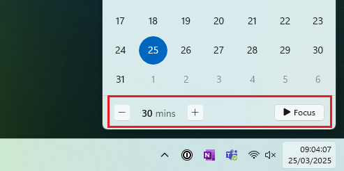 A screenshot of the bottom right notification window open with the Focus button highlighted under the calendar