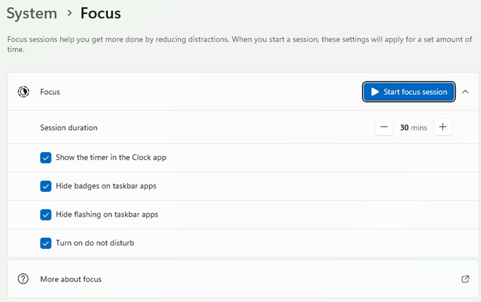 A screenshot of the focus settings page