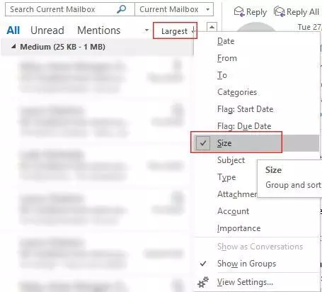 Sort your emails by size