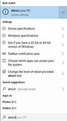 Enter About my PC into search bar