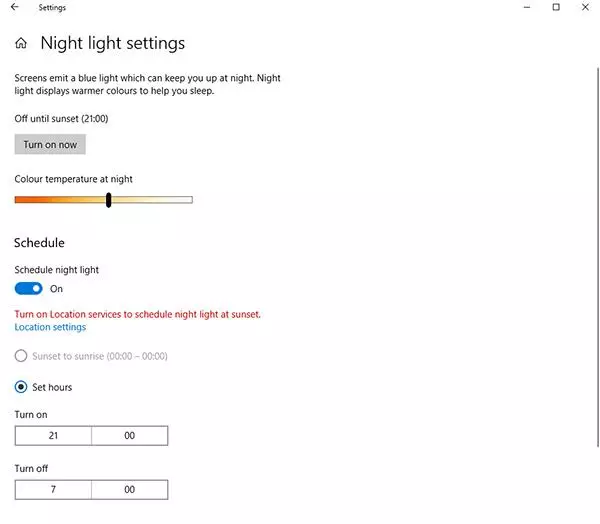 Setting up Night Light Option