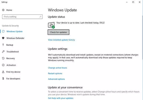 Windows update panel