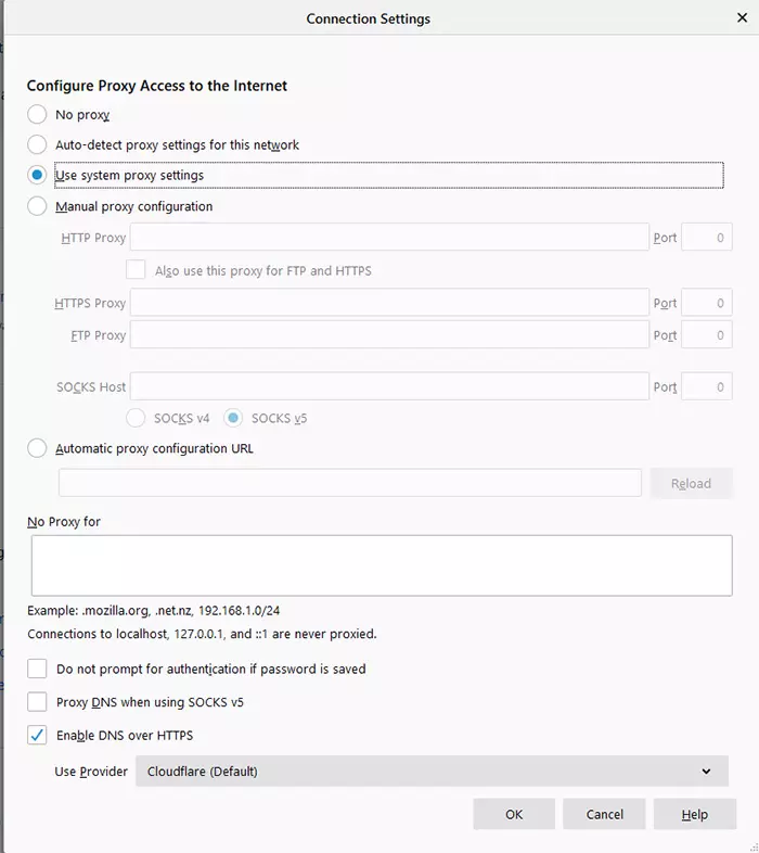 Firefox Network Settings Panel