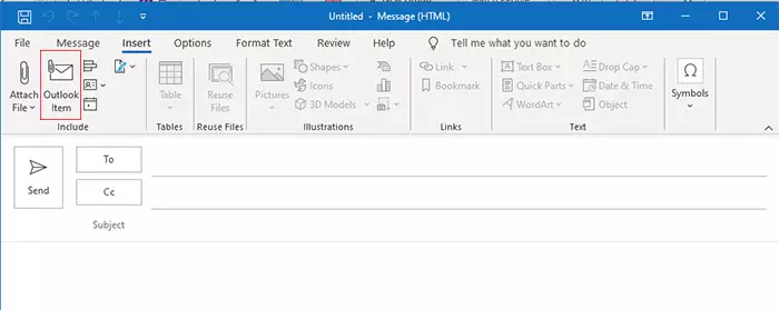 Open a new email and pick Insert -> Outlook Item