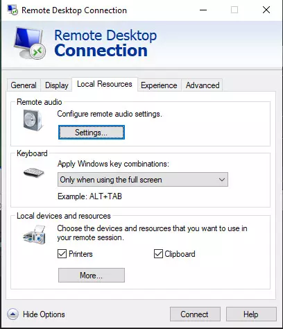 Remote Desktop Local Resources tab