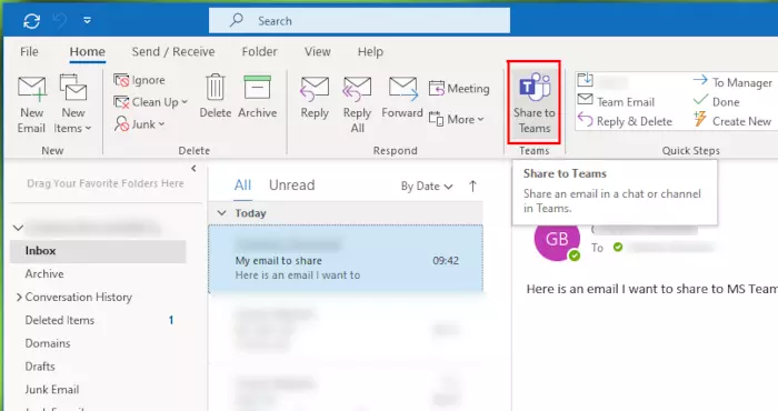 A screenshot of Outlook showing the new Share to Teams button