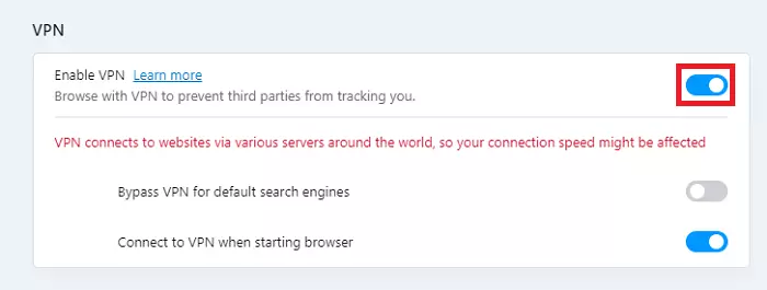 Screenshot showing the VPN options in Opera