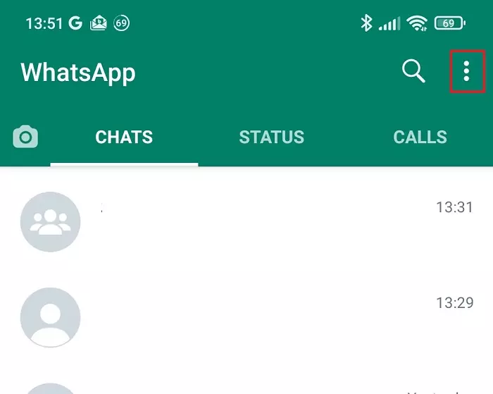 Main WhatsApp screen with menu button highlighted