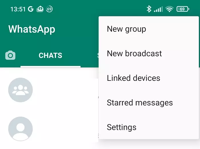 WhatsApp with main menu visible