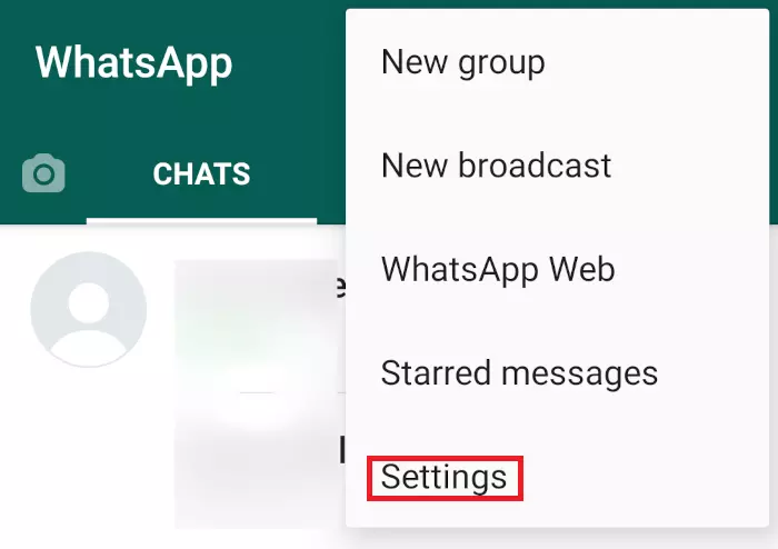 Whatsapp screen showing Settings menu option highlighted