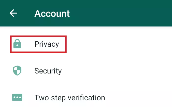 Whatsapp Screen showing the Privacy menu item highlighted