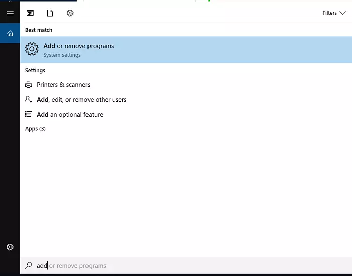 Screenshot of Windows search open with Add or Remove programs selected