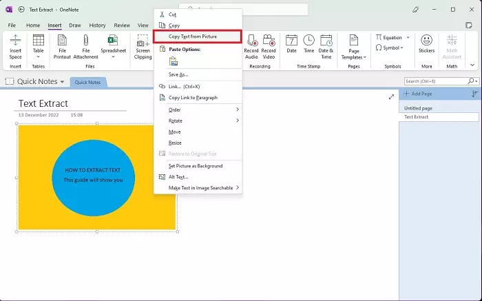 Screenshot of OneNote with the inserted image highlighed and the right-click "Copy Text From Picture" option highlighted