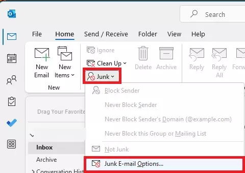 Screenshot of the Home tab in Outlook with "Junk" then "Junk Email options" highlighted