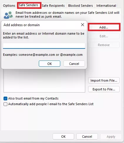 Screenshot of the Junk Email panel, with "Safe Senders" and "Add" highlighted