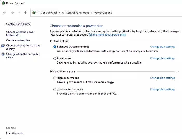 Windows Power plan menu with Balanced plan selected