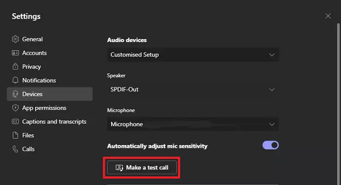 Make a Test Call highlighted on the Devices tab