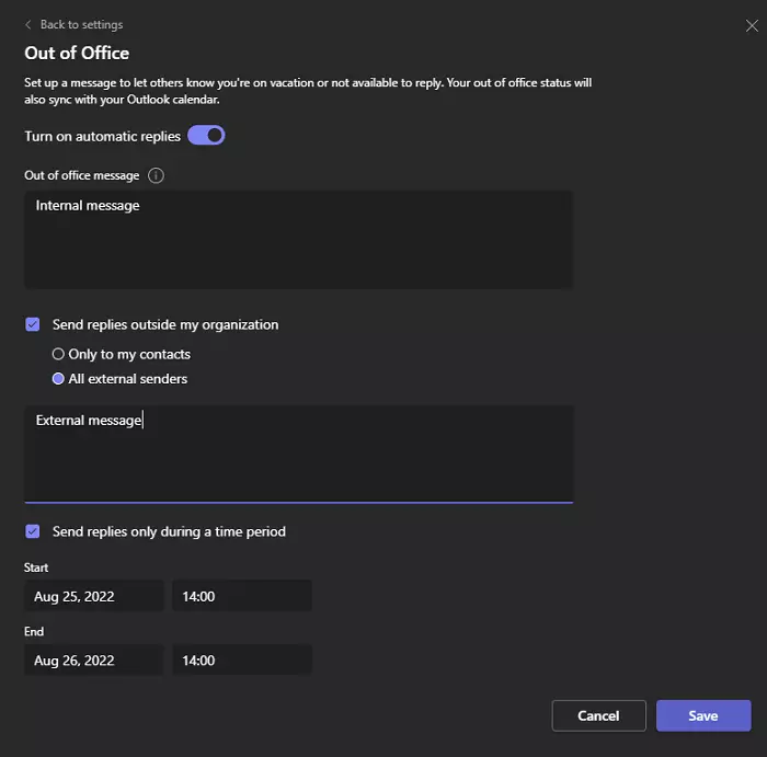 Screenshot showing the Teams Out of Office settings