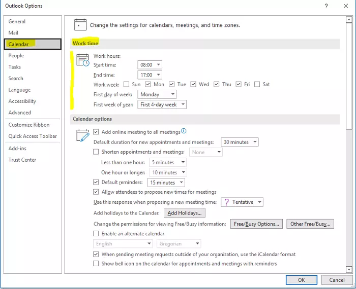Screenshot showing the Calendar panel within Outlook's options