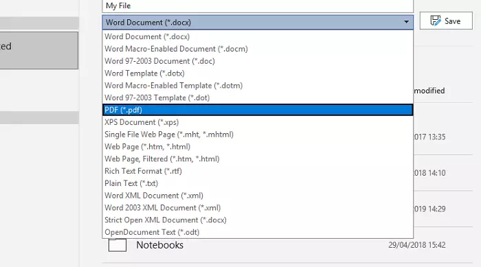 Screenshot showing the file type dropdown open with PDF highlighted
